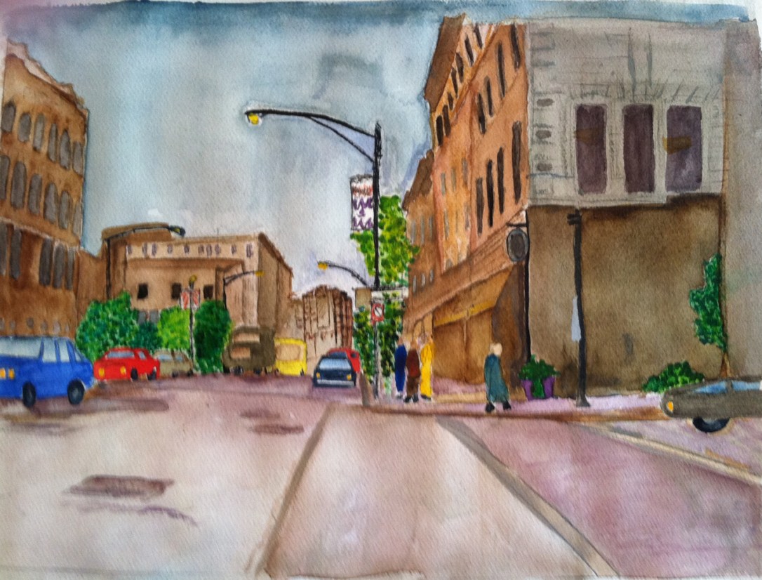 Street Scene, Downtown ChicagoWatercolor by Guila Greer, Feb 2013