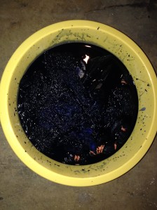 All the little bundles sitting in the dye bath